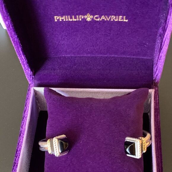 STERLING SILVER & 18K ITALIAN CABLE PYRAMID BANGLE WITH BLACK ONYX - Picture 12 of 14